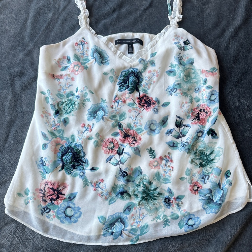 White House Black Market Ruffled White and Blue Camisole